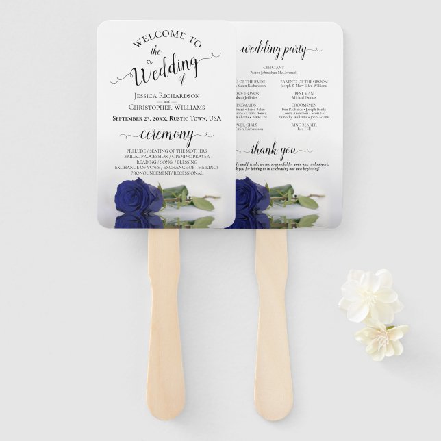 Royal or Navy Blue Rose Elegant Wedding Program Hand Fan (Front and Back)