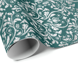 Royal Ornament Damask Teal Silver Vip Wrapping Paper
