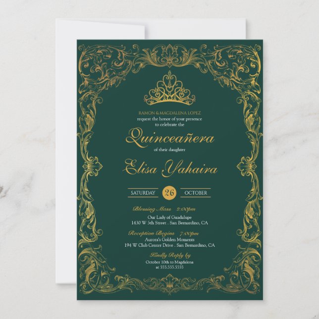 Royal Ornament Emerald Green Fancy Elegant Quince Invitation (Front)