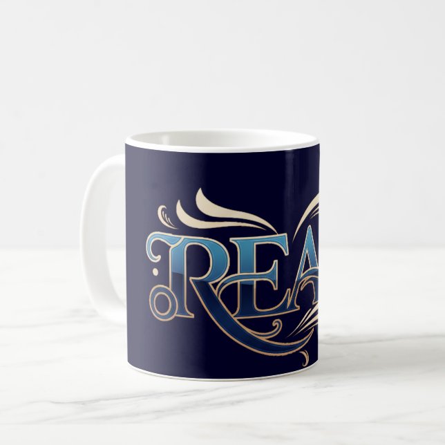 Royal Ornate Blue & Gold "READ" Masterpiece Coffee Mug (Front Left)