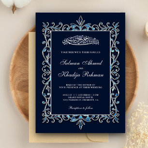Royal Ornate Sapphire Blue Islamic Muslim Wedding Invitation