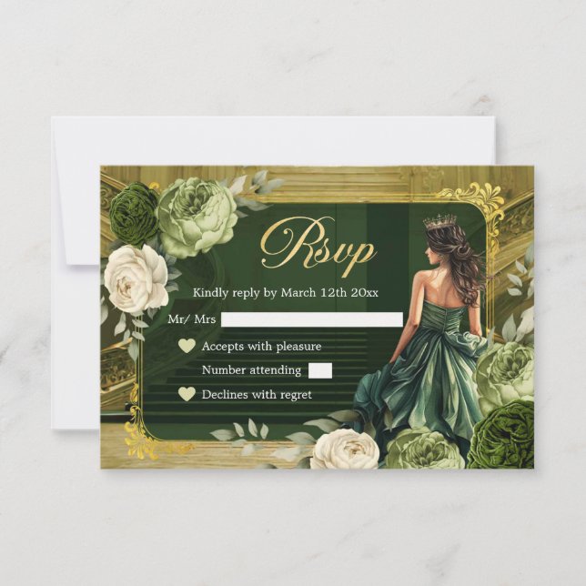 Royal Palace Sage and Hunter Green MiS Quince RSVP Card (Front)
