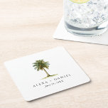 Royal Palm Tree Tropical Wedding Square Paper Coaster<br><div class="desc">Royal palm trees line many beautiful streets in coastal cities and tropical locales. Symbolising elegance and tropical splendour,  this custom personalised wedding drink coaster features a watercolor royal palm with a text template for including the bride and groom's names and wedding date.</div>