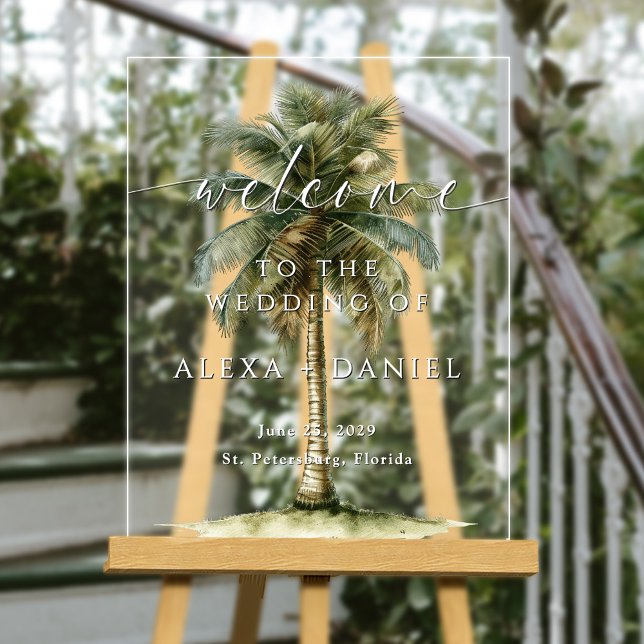 Royal Palm Tree Tropical Wedding Welcome Acrylic Sign (Creator Uploaded)