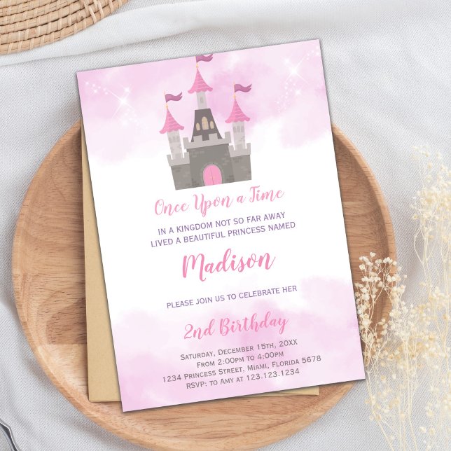 Royal Party Card for Girls (Pink Gray Castle Princess Birthday Invitations)