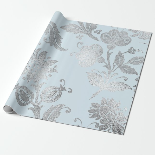 Royal Pastel Blue Silver Roses Shiny Wrapping Paper (Unrolled)