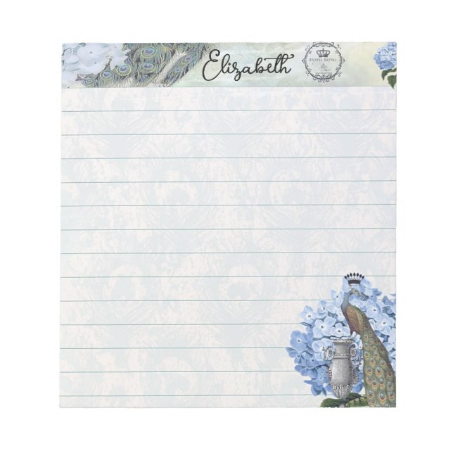 Royal peacock and hydrangea personalised notepad (Front)