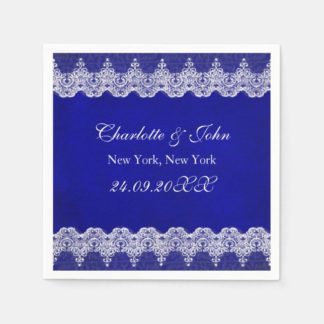 Royal Personalised Cobalt Lace Wedding Napkin (Front)