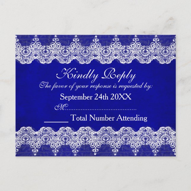 Royal Personalised RSVP Blue Cobalt Lace Postcard (Front)