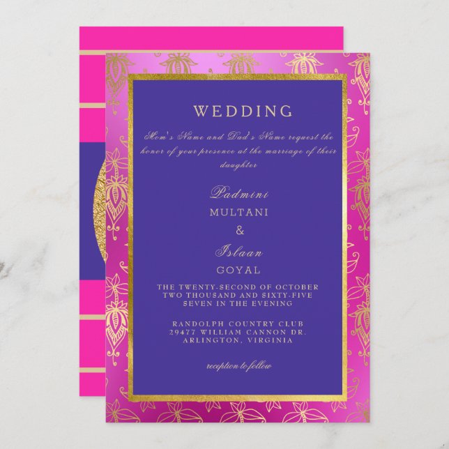 Royal Pink and Blue Colourful Wedding Invitation (Front/Back)
