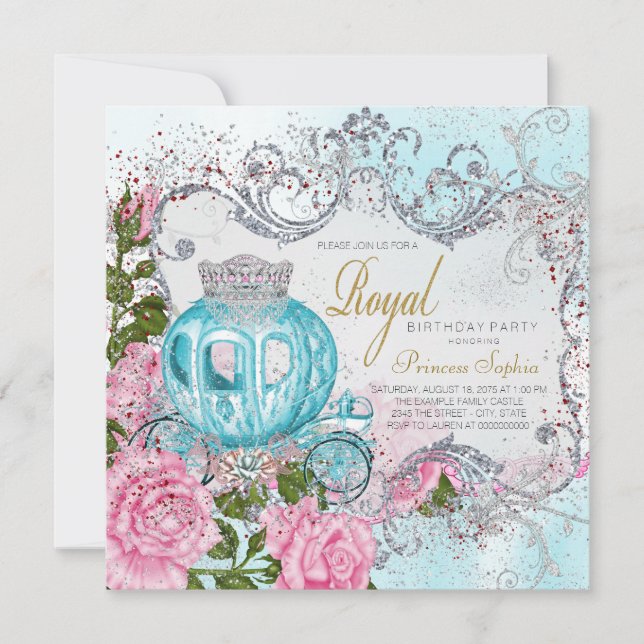 Royal Pink and Teal Blue Princess Birthday Party Invitation (Front)