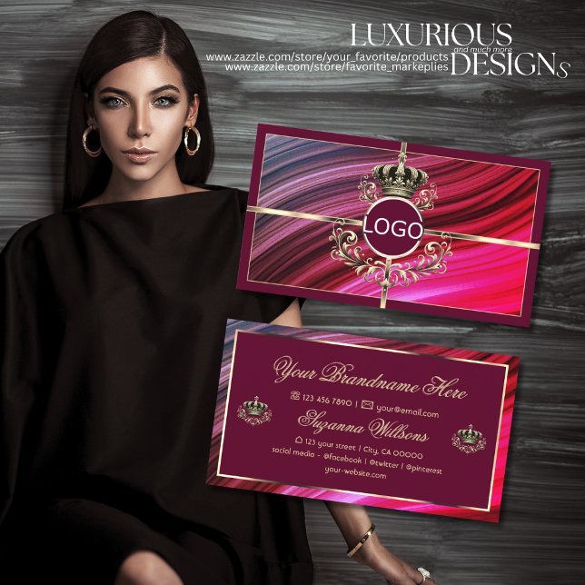 Royal Pink Burgundy Gold Crown with Logo Nobly Business Card (Creator Uploaded)