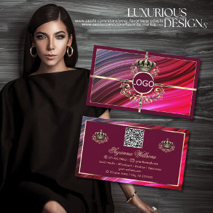 Royal Pink Burgundy Gold Crown with Logo QR Code Business Card