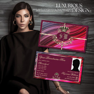 Royal Pink Burgundy Gold Crown with Monogram Photo Business Card