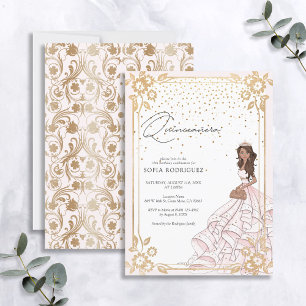 Royal Pink & Gold Dress Glam Quinceanera Birthday Invitation
