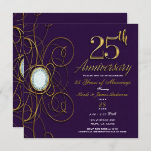 Royal Plum Purple Gold Diamond 25 25th Anniversary Invitation