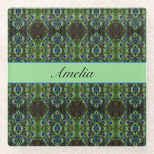 Royal Plumage - Luxe Peacock Feather Pattern Glass Coaster