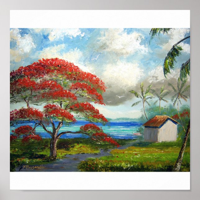 Royal Poinciana & Palm Trees Poster (Front)