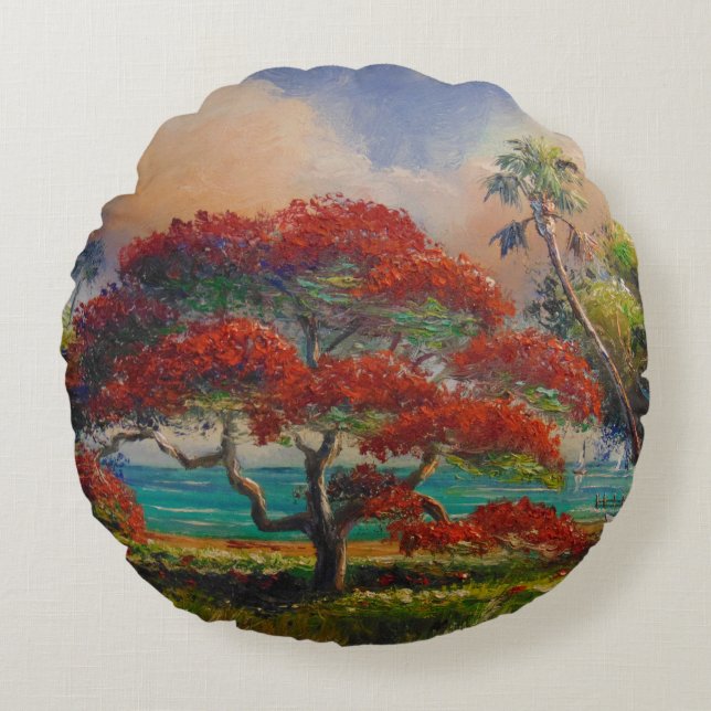 Royal Poinciana Tree & Boat by Mazz Round Cushion (Front)