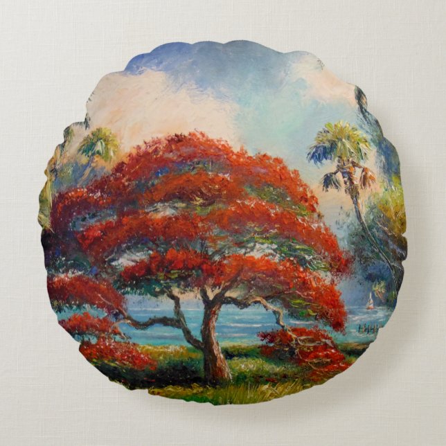Royal Poinciana Tree by Mazz Round Cushion (Front)