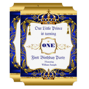 Royal Prince 1st Birthday Blue Ornate Gold Crown Invitation