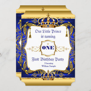 Royal Prince 1st Birthday Blue Ornate Gold Crown Invitation