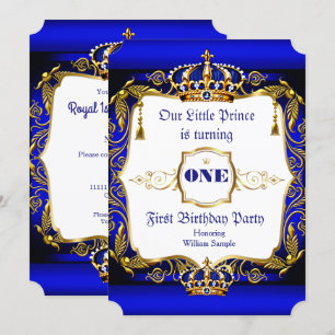 Royal Prince 1st Birthday party Blue Gold Crown Invitation