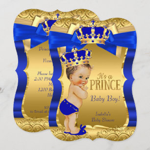 Royal Prince Baby Shower Blue Gold Bow Brunette Invitation