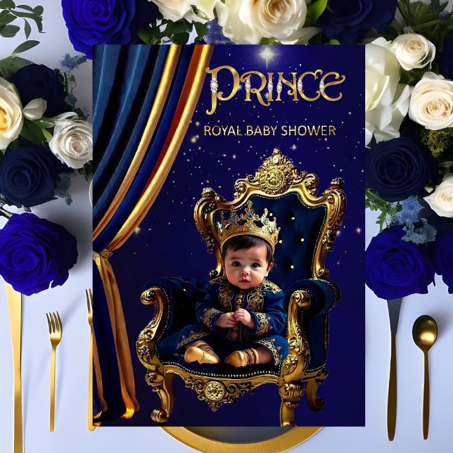 Royal Prince Baby Shower Blue Gold Chair Invitation (Creator Uploaded)