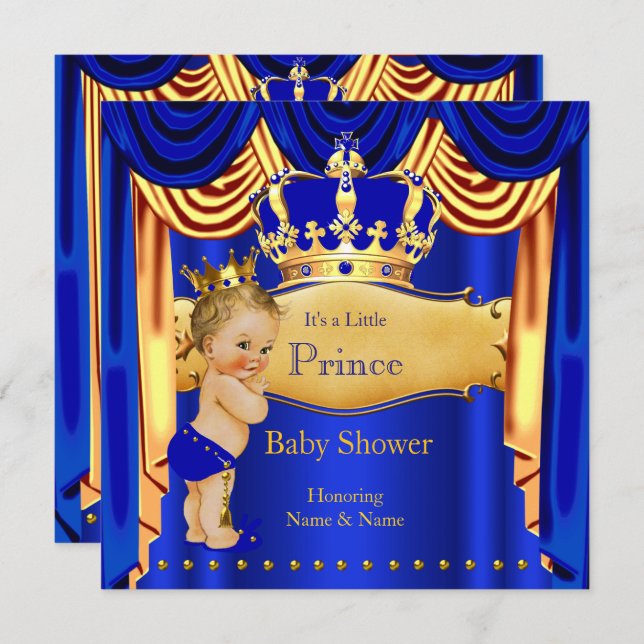 Royal Prince Baby Shower Blue Gold Crown Blonde Invitation (Front/Back)