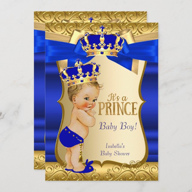 Royal Prince Baby Shower Blue Gold Damask Blonde Invitation (Front/Back)