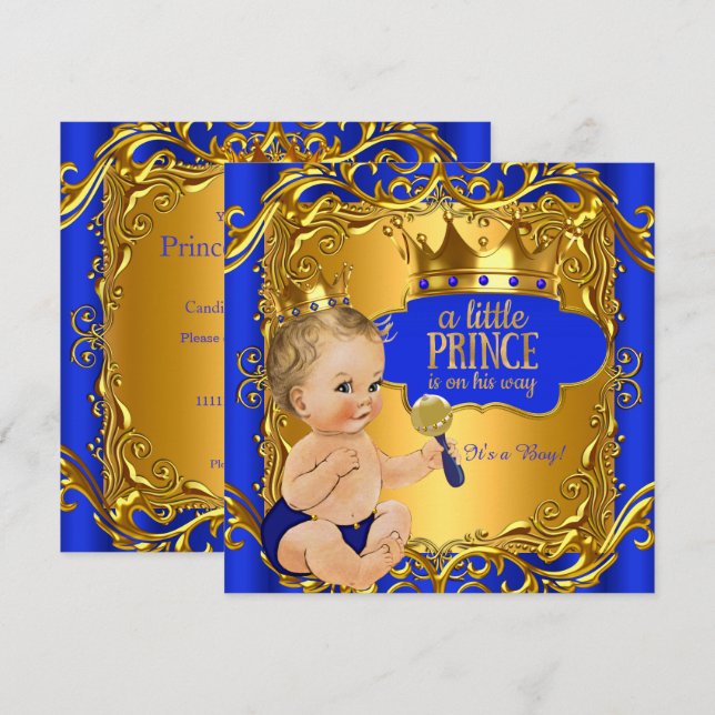Royal Prince Baby Shower Blue Gold Rattle Blonde Invitation (Front/Back)