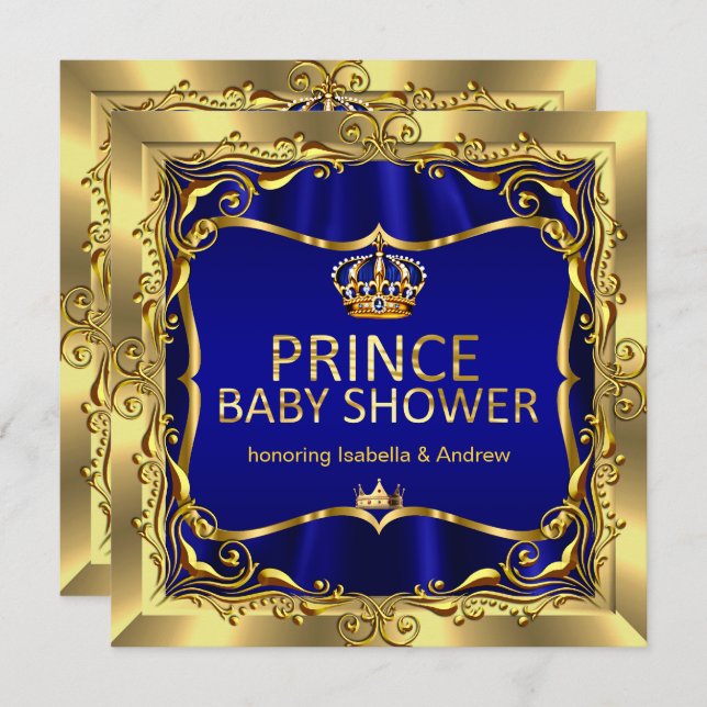 Royal Prince Baby Shower Boy Blue Gold Invitation (Front/Back)