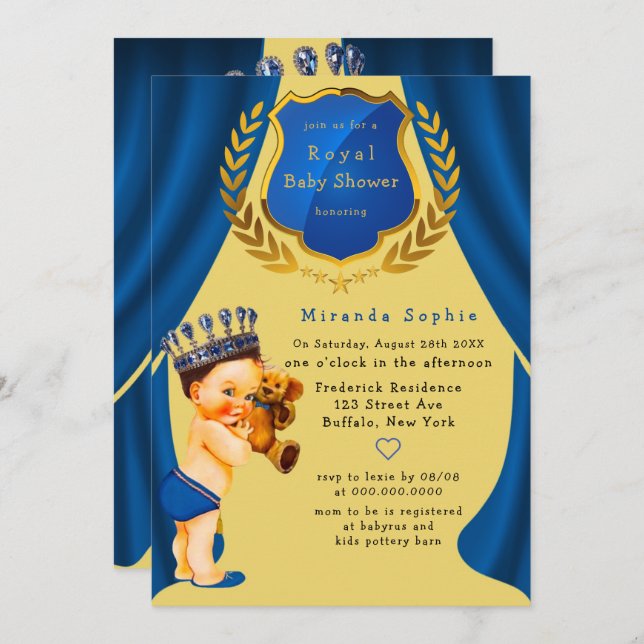 Royal Prince Blue and Gold Baby Shower Invitation (Front/Back)