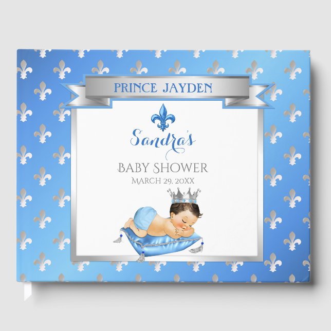 Royal Prince Blue Silver Baby Boy Fleur Pillow Guest Book (Front)