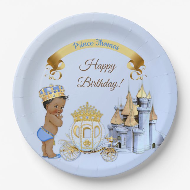 Royal Prince Castle Carriage Blue Gold Boy Paper Plate (Front)