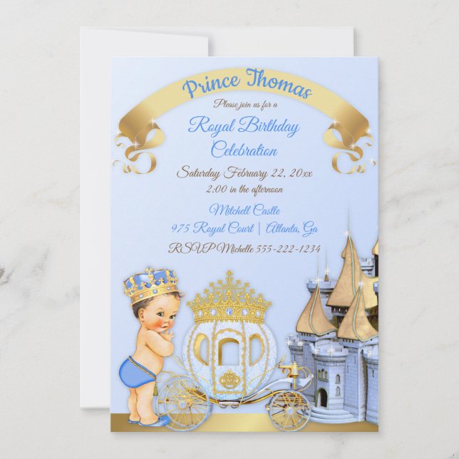 Royal Prince Castle Carriage Blue Gold Boy Photo Invitation (Front)