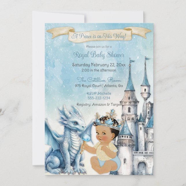 Royal Prince Castle Dragon Crown Blue Gold Boy Invitation (Front)