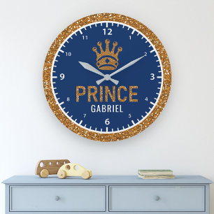 Royal Prince Faux Gold Glitter Crown Boys Room Large Clock