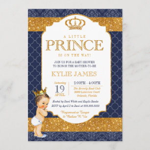 Royal Prince Navy Blue Gold White Baby Shower Invitation
