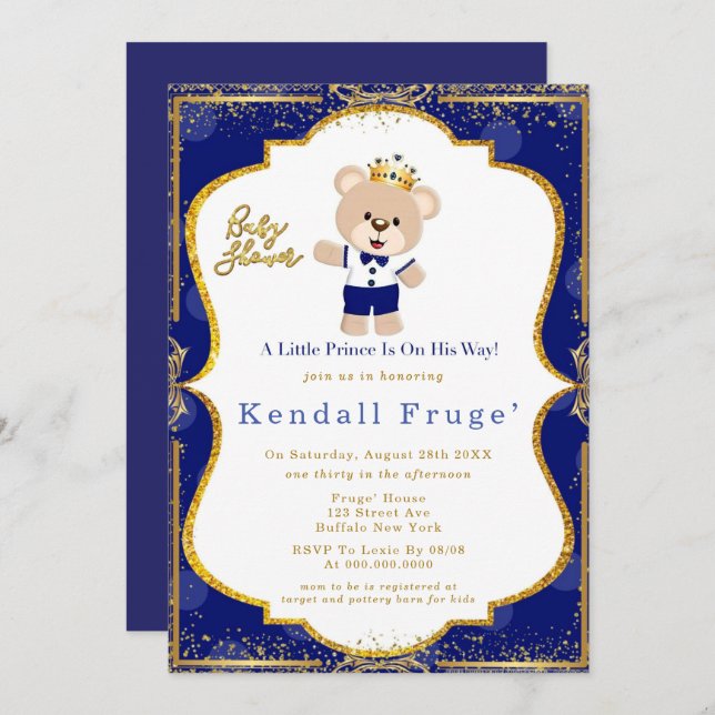 Royal Prince Teddy Bear Baby Boy Shower Invitation (Front/Back)
