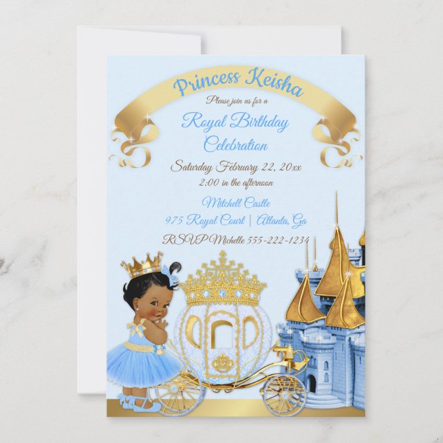 Royal Princess Castle Carriage Blue Gold Girl Invitation (Front)