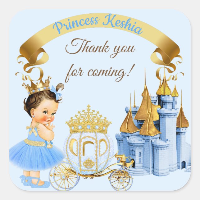 Royal Princess Castle Carriage Blue Gold Girl Square Sticker (Front)