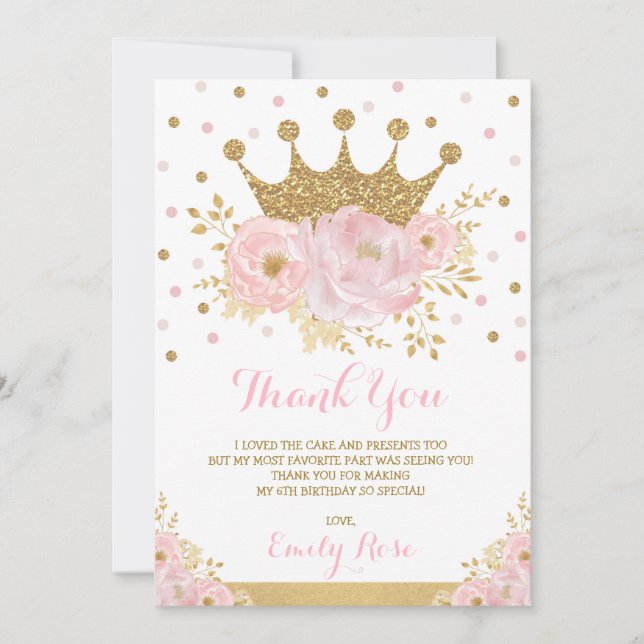 Royal Princess Crown Blush Pink Gold Birthday Thank You Card (Front)