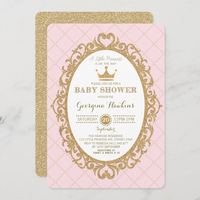 Royal Princess Crown Pink Gold Baby Shower Invite (Front/Back)