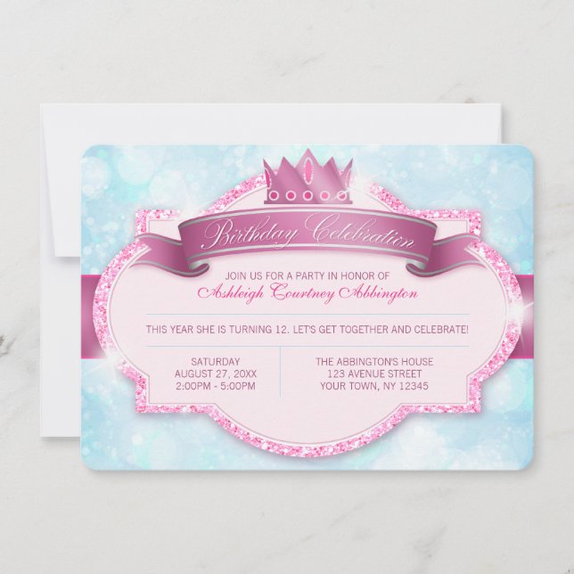 Royal Princess Pink Glitter Girls Birthday Party Invitation (Front)