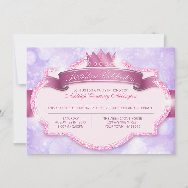 Royal Princess Pink Glitter Girls Birthday Party Invitation (Front)