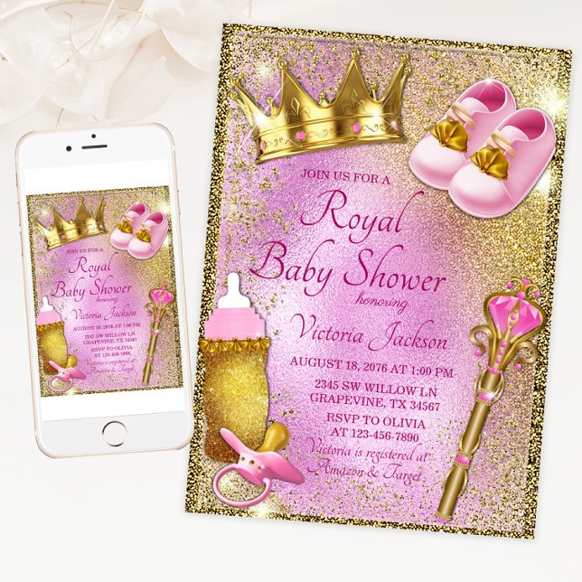 Royal Princess Pink Gold Baby Shower Invitation (Pink gold princess baby shower invitation with cute princess things. For print and download.)