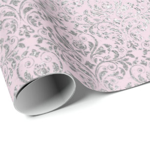 Royal Princess Pink Silver Damask Shiny Wrapping Paper