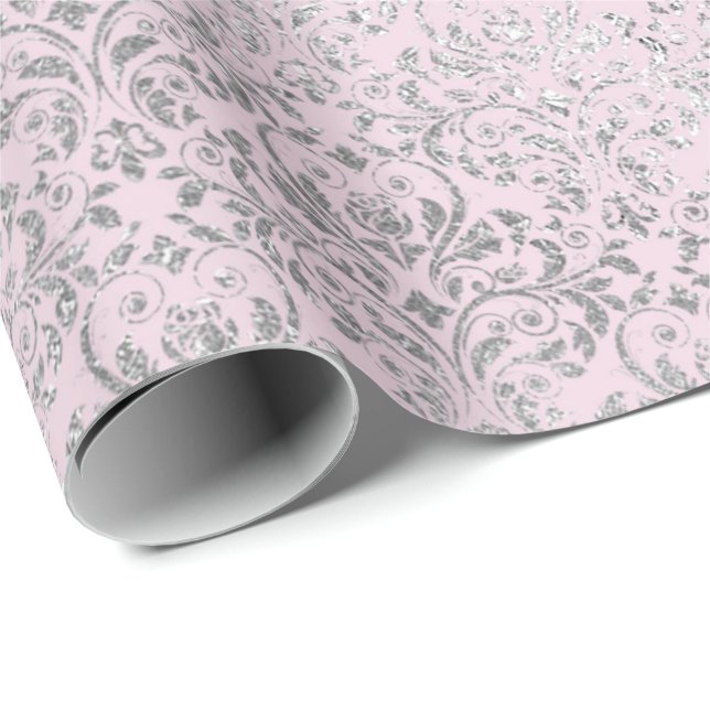 Royal Princess Pink Silver Damask Shiny Wrapping Paper (Roll Corner)
